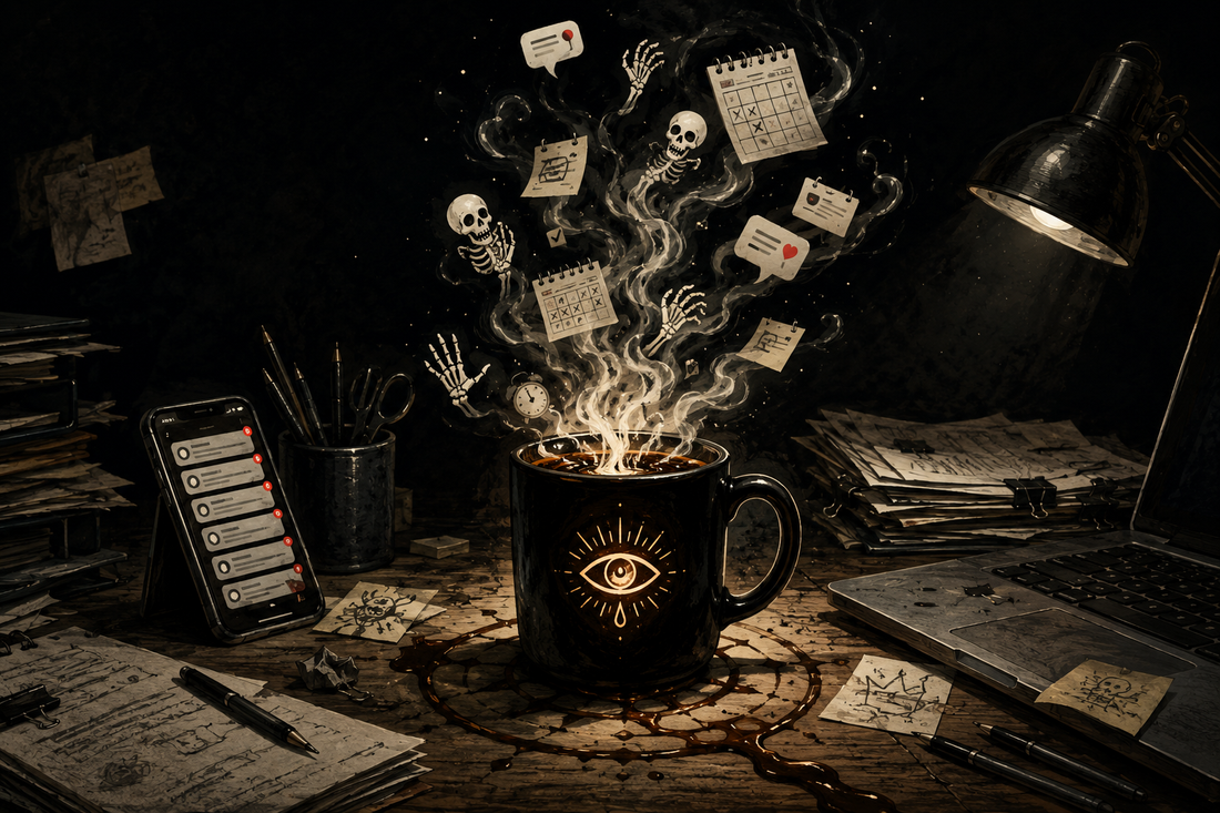 An occult black coffee mug on a cluttered office desk summons tiny supernatural meeting invites, notifications, and skeleton hands from its steam.