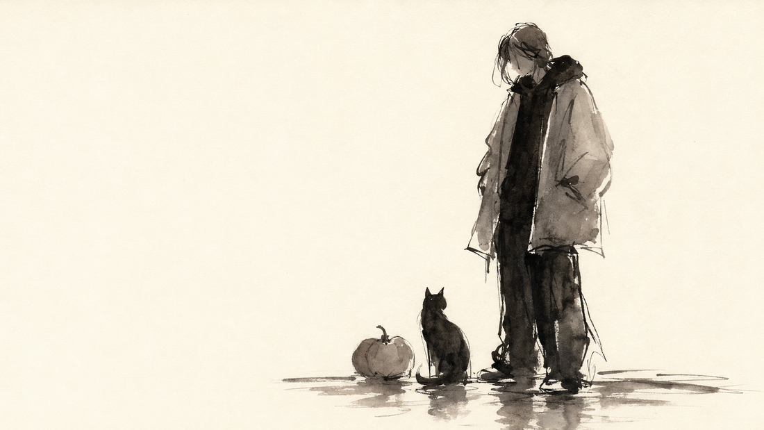Goth fall outfit inspiration with a dark-clad figure, black cat, and pumpkin in an ink-wash autumn scene.