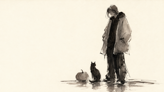 Goth fall outfit inspiration with a dark-clad figure, black cat, and pumpkin in an ink-wash autumn scene.