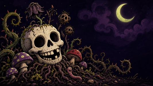 Illustrated skull among purple and red mushrooms, thorny vines, worms, and a crescent moon in a gothic garden.