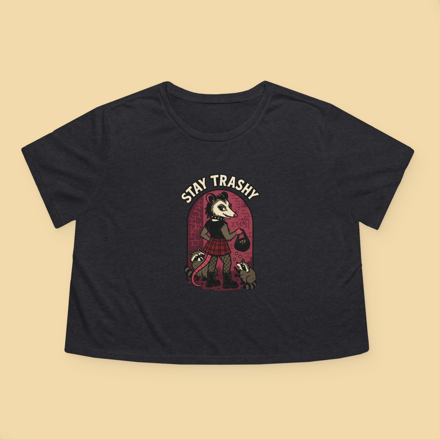 Goth Possum Feeding Raccoons Flowy Crop Top