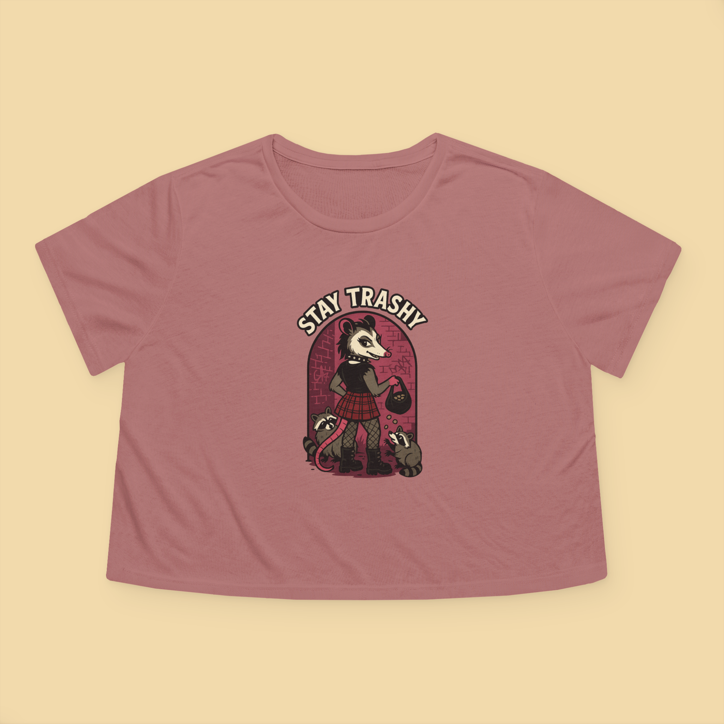 Goth Possum Feeding Raccoons Flowy Crop Top