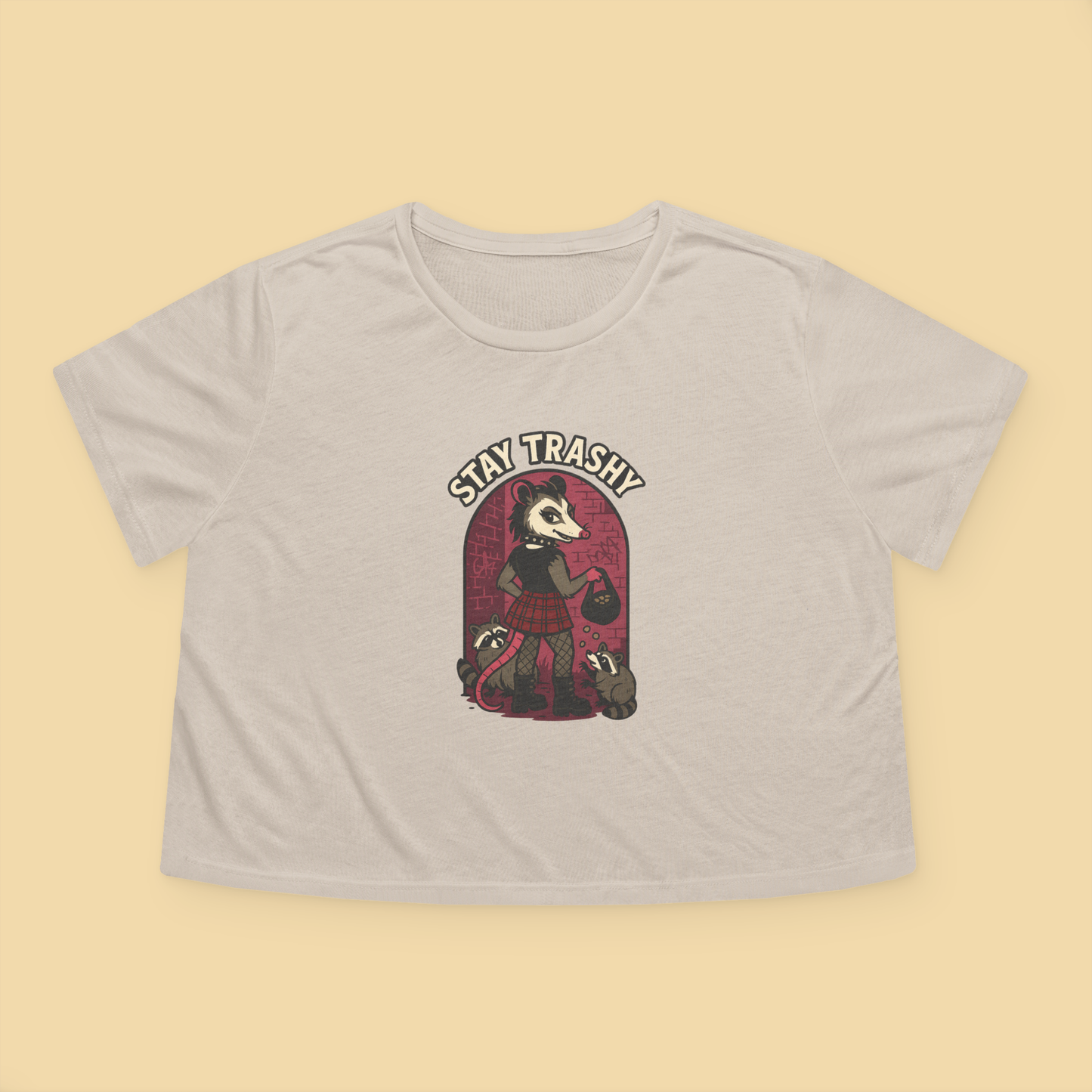 Goth Possum Feeding Raccoons Flowy Crop Top