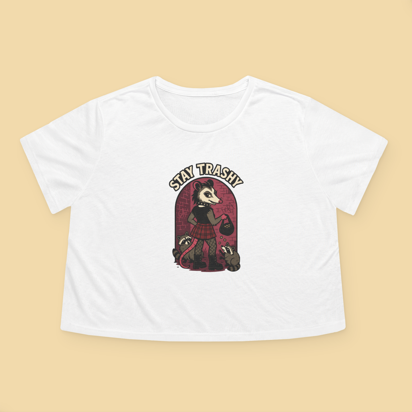 Goth Possum Feeding Raccoons Flowy Crop Top
